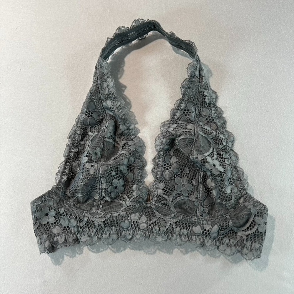 Intimately Free People Lace Bralette‎ Gray XS Floral Halter Sheer Stretchy Soft